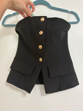 Strapless Black Peplum Top with Gold Buttons